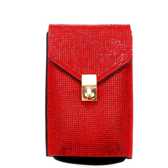 Red Rhinestone Crystal Embellished Chain Crossbody Phone Pouch Sling Bag - Picture 1 of 2
